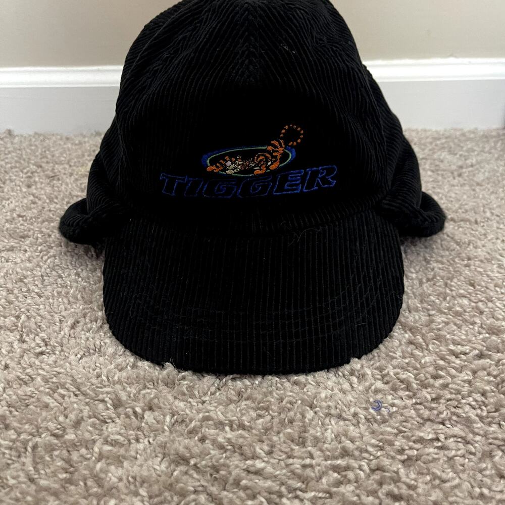 Vintage 90s  Disney‎ Tigger Black Corduroy EarFlap Hat Faux Fur Adult Size
